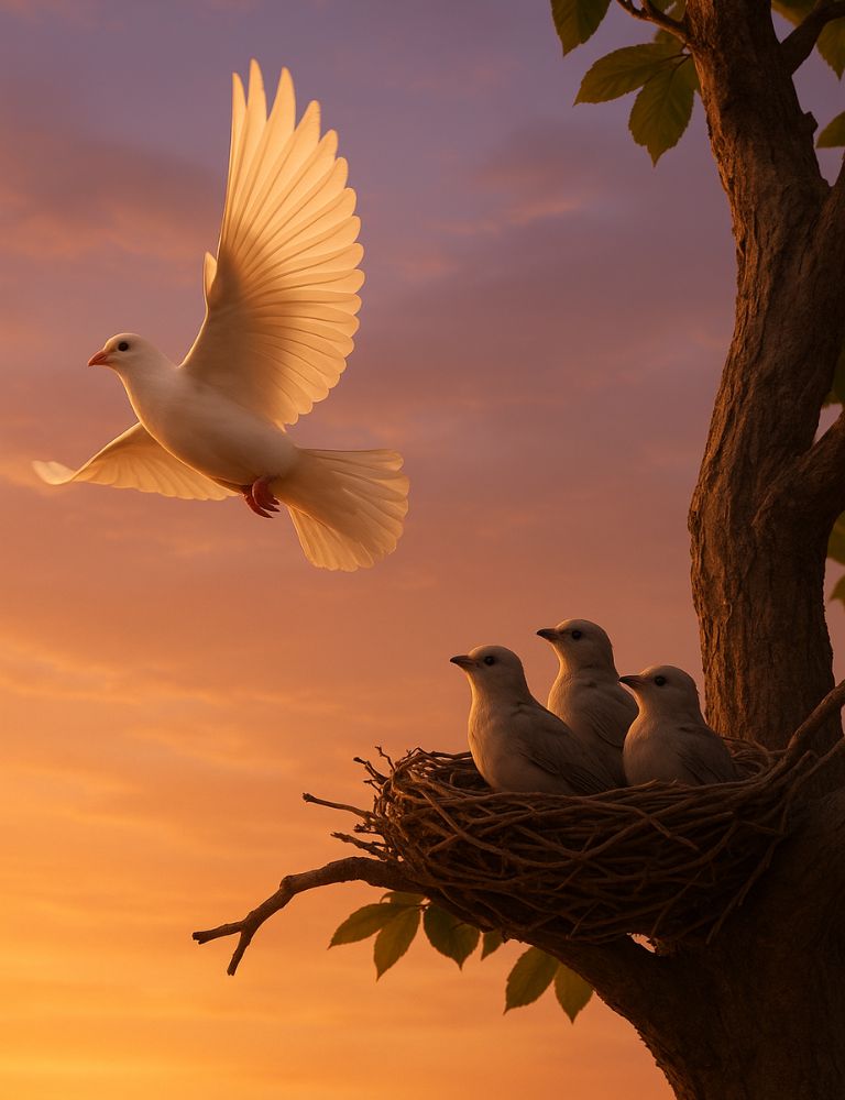 A white dove takes flight from a nest holding three chicks on a tree branch, against a glowing sunset sky