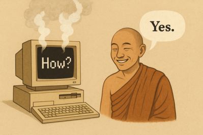 Vintage computer overheating while processing a question next to a calm monk who answers effortlessly, a juxtaposition of outdated technology and inner peace