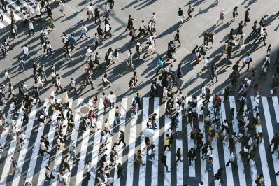 A large crowd of people walking across a busy city crosswalk, captured from above, with long shadows cast on the pavement in bright daylight