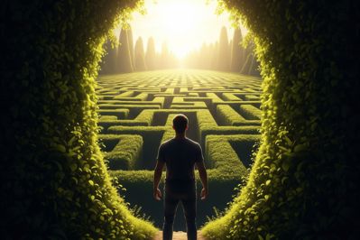 A man standing at the entrance of a lush green hedge maze, gazing toward the sunrise in the distance