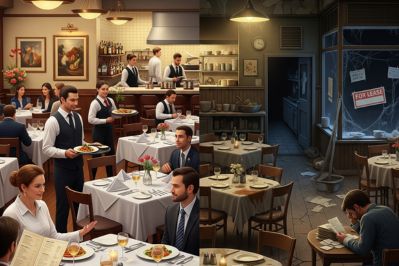 Split-screen image comparing a successful restaurant filled with customers and well-dressed staff on the left, against a failed, abandoned restaurant with cobwebs, dirty tables, and a man stressed over bills on the right