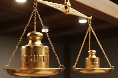 A golden scale with the word “TRUTH” outweighing “LIE,” symbolizing the greater weight and value of truth over deception
