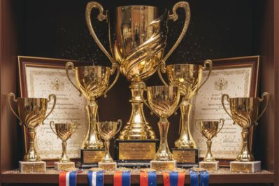 A collection of shiny gold trophies, medals, and framed certificates displayed on a shelf
