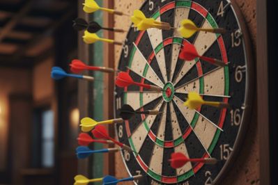 A dartboard crowded with darts symbolizing imperfect action, progress through practice, and the path to mastery