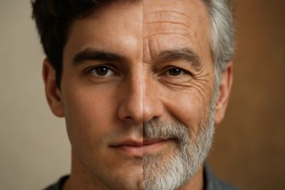 Split portrait of a man showing one half young and the other half aged, illustrating the contrast between youth and aging