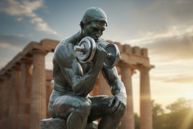A bronze statue of a muscular man performing a bicep curl with a dumbbell in front of ancient Greek-style columns at sunrise